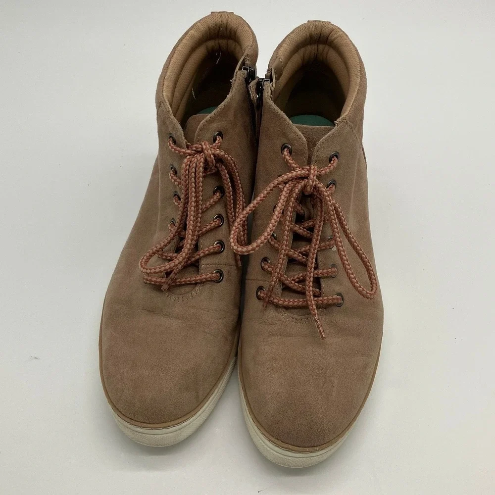 Dr. Scholls Suede Wedge Sneakers Tan Lace Up Side Zip Boots Womens 9.5M